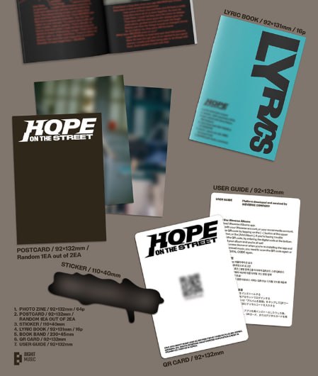Вміст альбому Hope on the Street: фотозін, листівки, стікер, книга текстів, буклет, QR-картка та посібник користувача