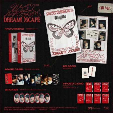 Вміст набору NCT DREAM DREAM()SCAPE QR Ver.: коробка, обкладинка, картки із зображеннями, QR-картка, фотокартки та наклейки