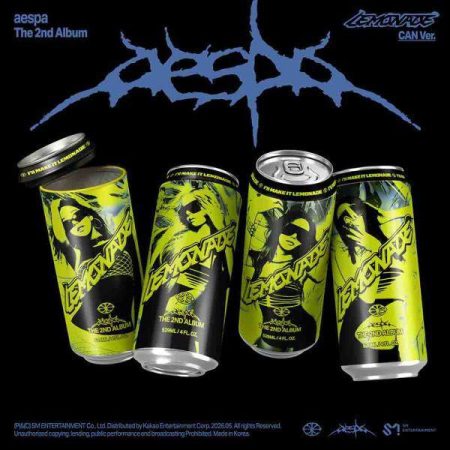 aespa — The 2nd Album «Lemonade», версія CAN: чотири банки з яскраво-жовто-чорним дизайном на чорному тлі