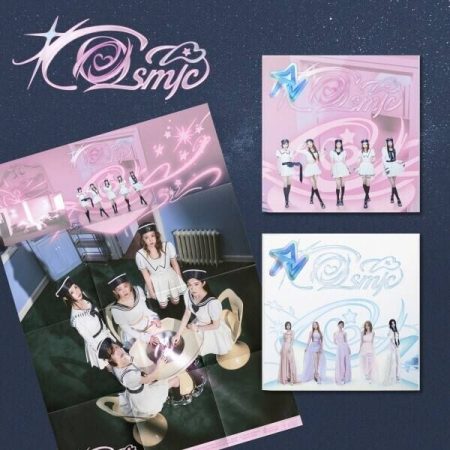 Постер та два варіанти обкладинки альбому Cosmic гурту Red Velvet із учасницями у морських костюмах та пастельних сукнях.
