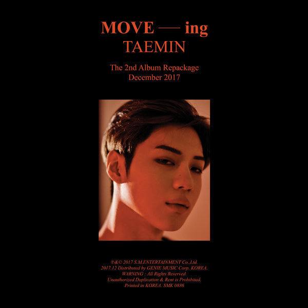 Альбом Taemin — MOVE-ing, 2nd Album Repackage (грудень 2017), обкладинка з портретом артиста на темному фоні.