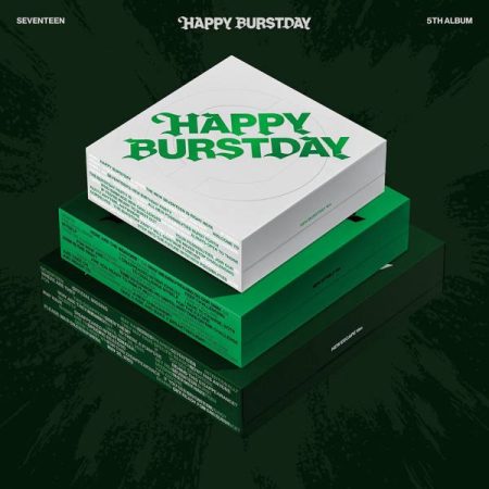 Альбом SEVENTEEN 5th Album Happy Burstday у білому та зеленому оформленні з текстовим дизайном на темно-зеленому тлі.