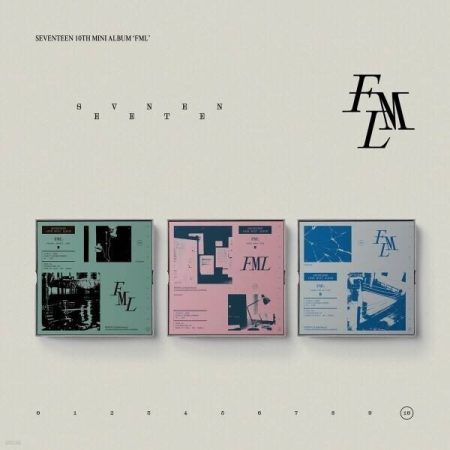 Три версії міні-альбому SEVENTEEN «FML» (10th Mini Album) у зелено-бірюзовій, рожевій та синій обкладинках.