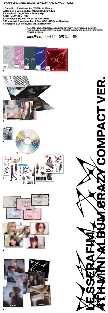 Міні-альбом LE SSERAFIM «CRAZY» Compact ver. з обкладинками 5 версій, буклетом, CD, стікерами та фотокартками.