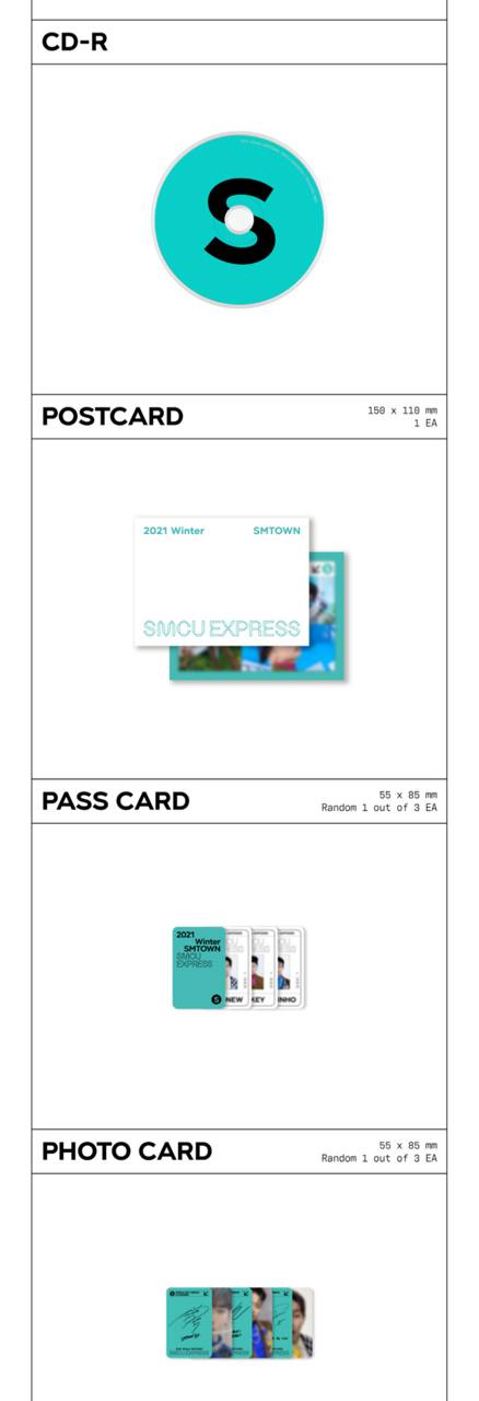 Вміст альбому 2021 Winter SMTOWN SMCU EXPRESS (SHINee ver.): CD-R, листівка, пас-карта та фотокартка.